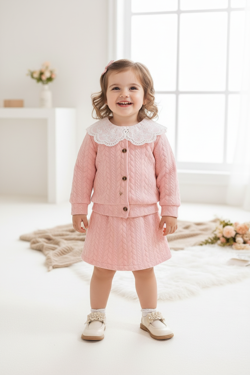 Pink Cable-Knit Set - Older Girl Standing