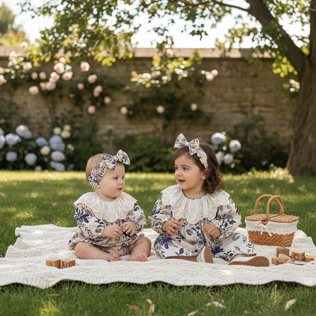 Siblings in navy botanical matching outfits