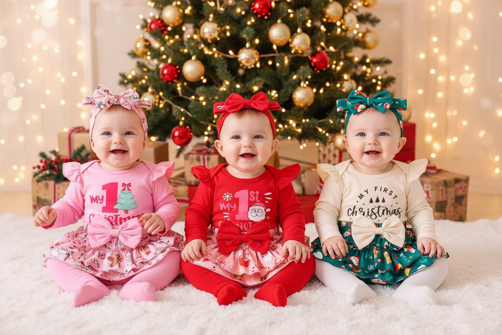 Three Babies in My First Christmas Outfits