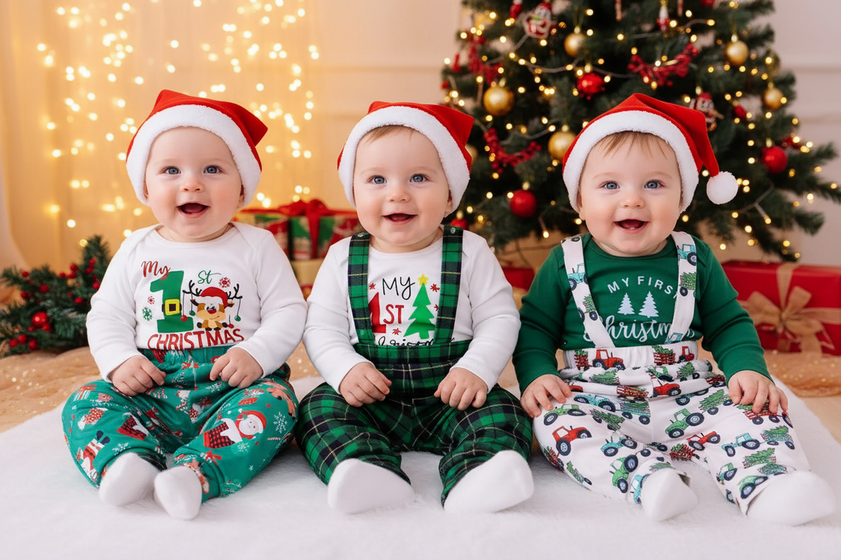 Three Baby Boys in My First Christmas Outfits