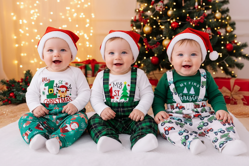 Three Baby Boys in My First Christmas Outfits