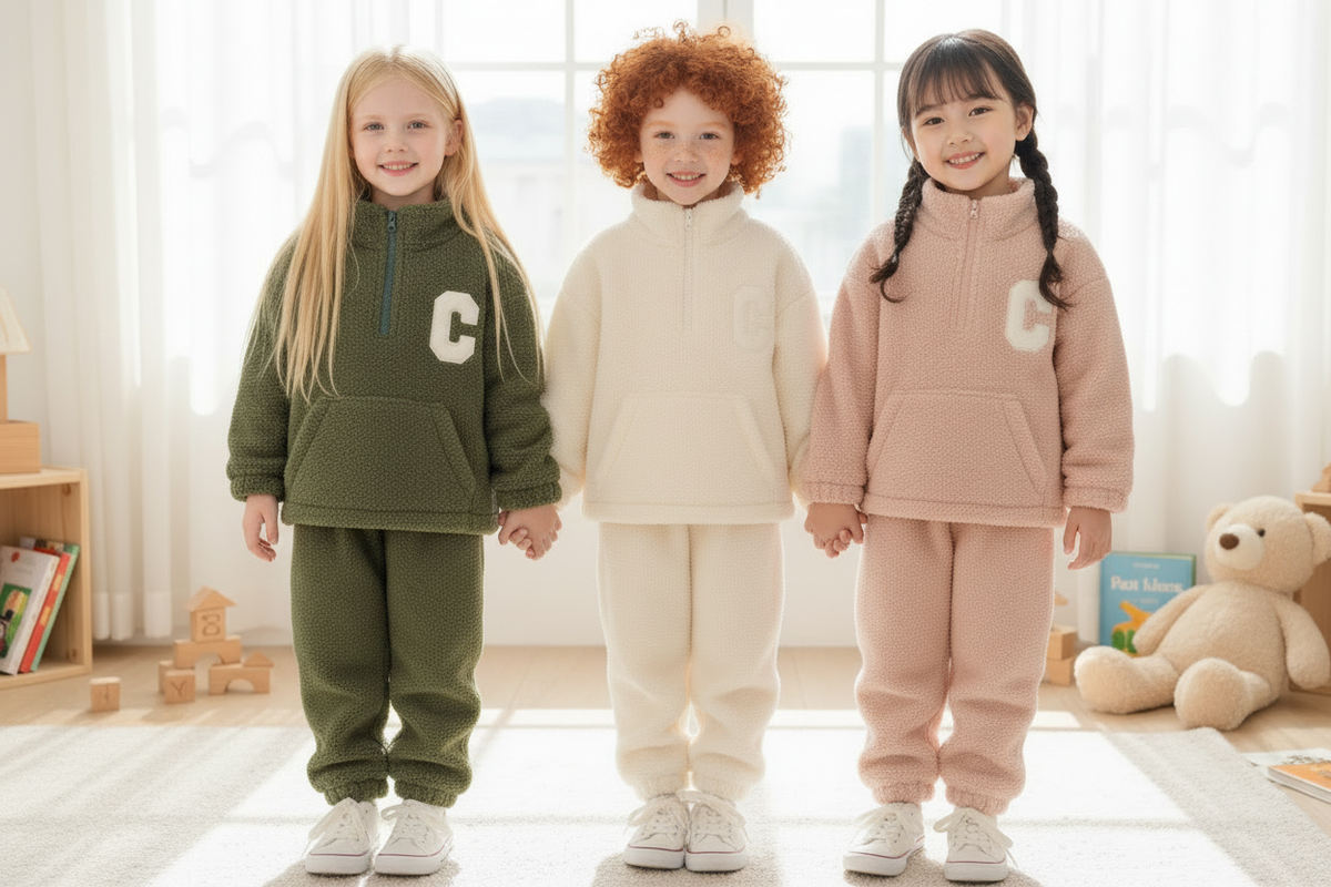 Three girls with different hair colours and styles in teddy fleece tracksuits