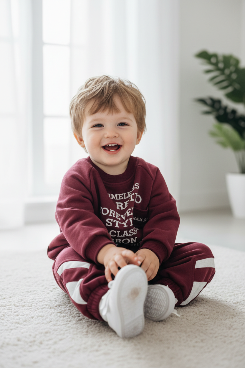 Toddler boy in burgundy retro tracksuit