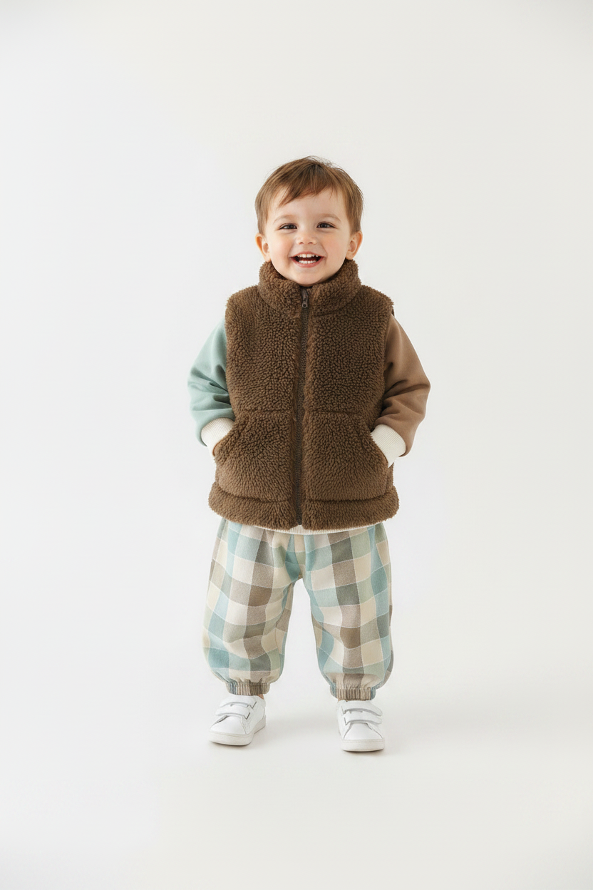 Toddler Boy in Elephant Set with Brown Fleece Gilet