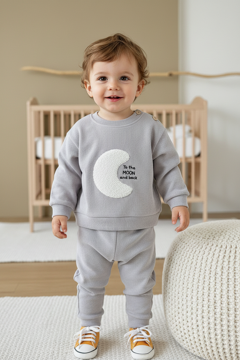 Toddler Boy in Moon Sweatshirt Set