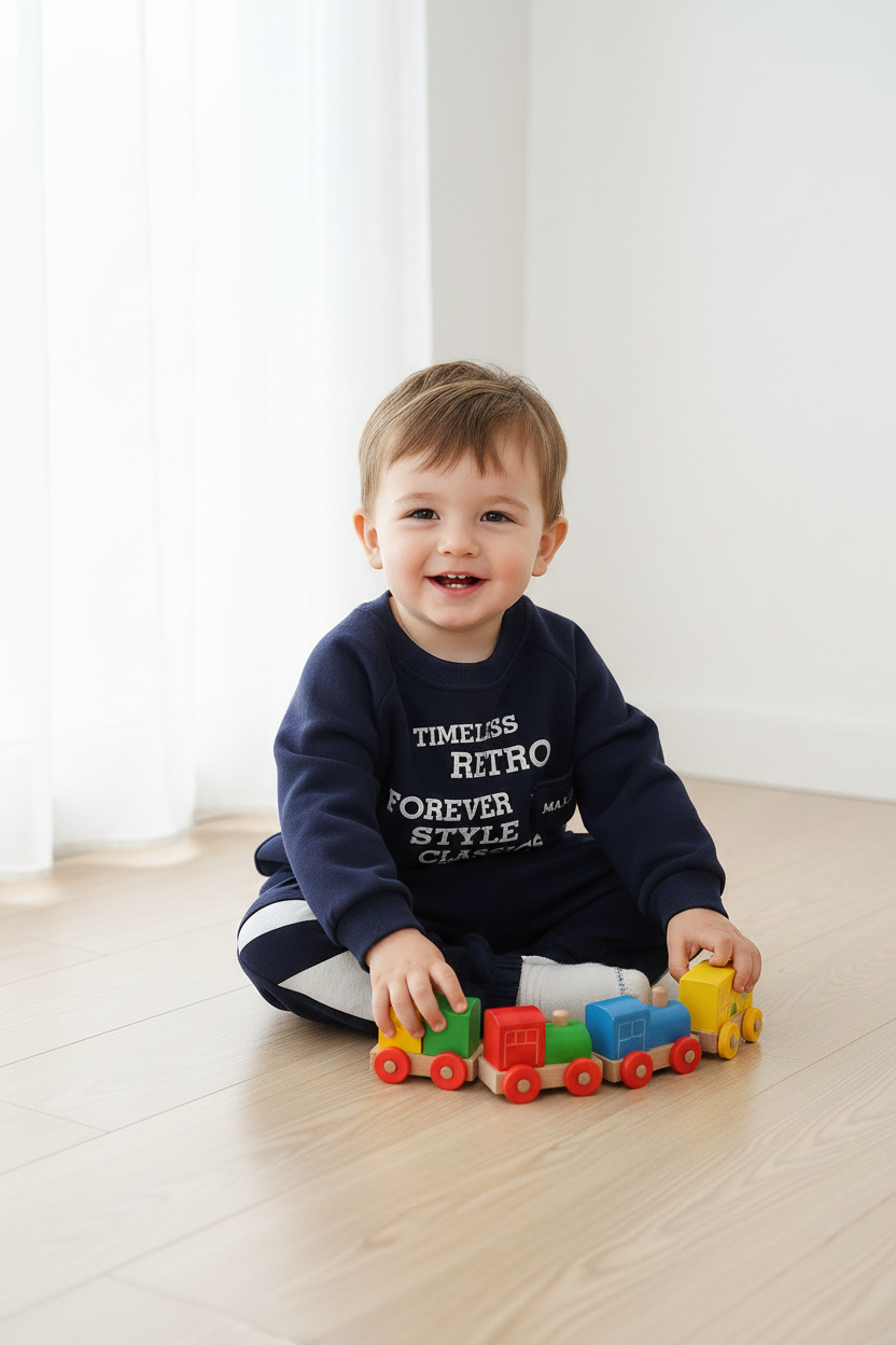 Toddler boy in navy retro tracksuit