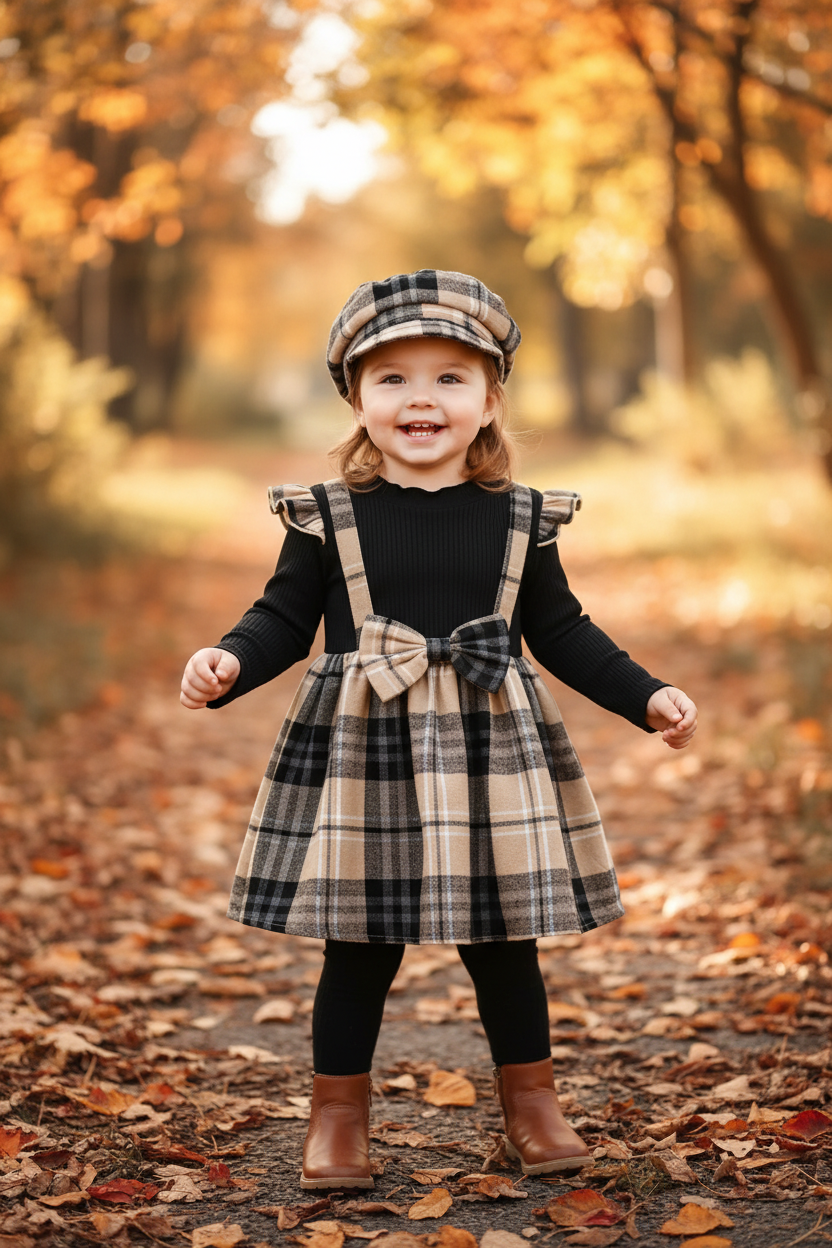 Toddler girl in black top with tartan pinafore and beret