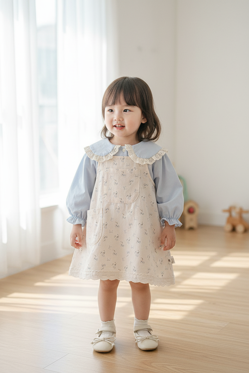 Toddler girl in blue blouse and floral pinafore
