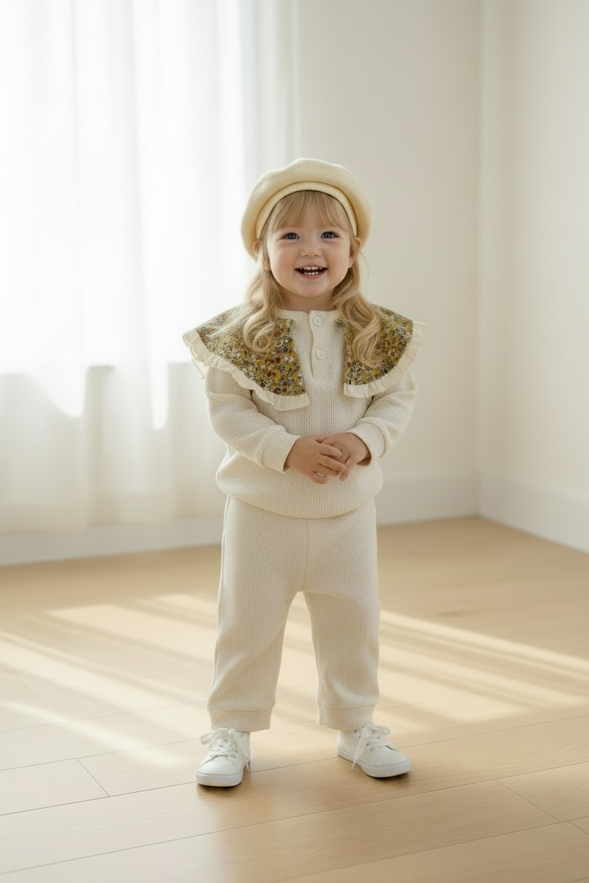 Toddler girl in cream ribbed knit set with white trainers