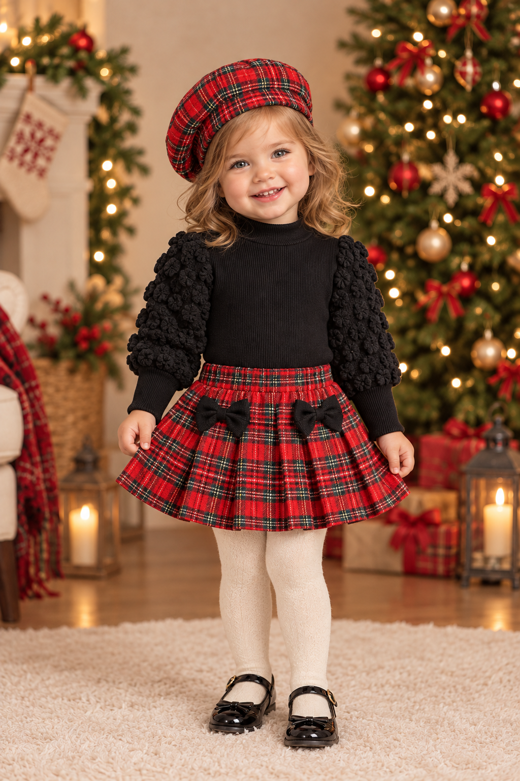Toddler girl modelling the festive tartan outfit