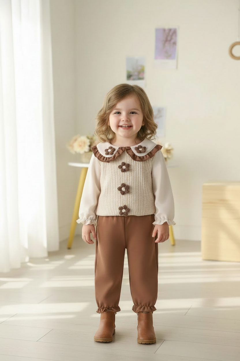 Toddler girl with long hair in flower collar set and brown boots