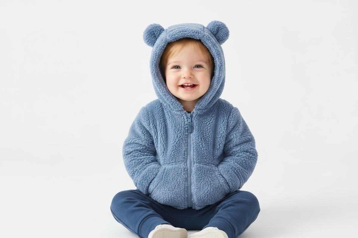 Toddler in blue bear hoodie