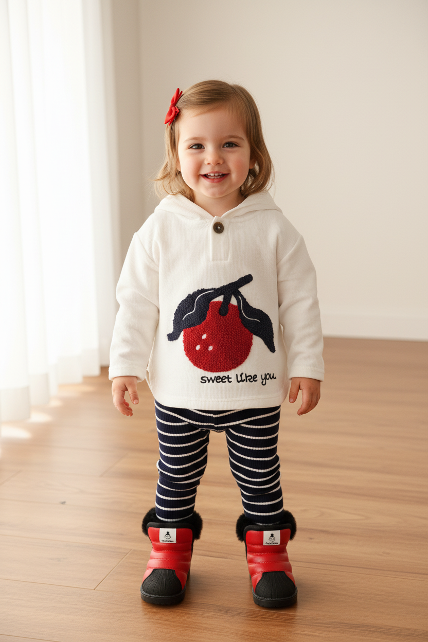 Toddler in Cherry Hoodie with Red Bow