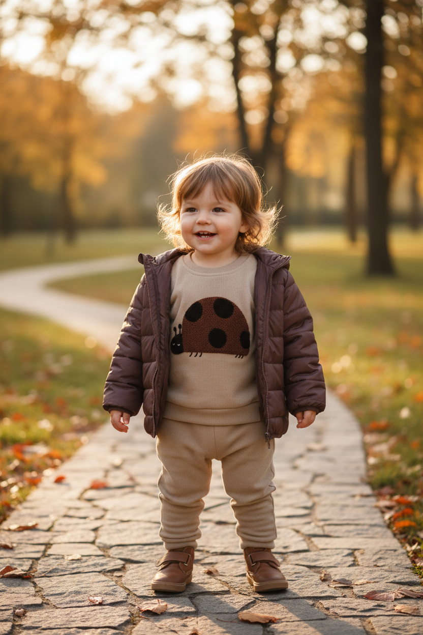 Toddler in chocolate brown puffer jacket with ladybug outfit