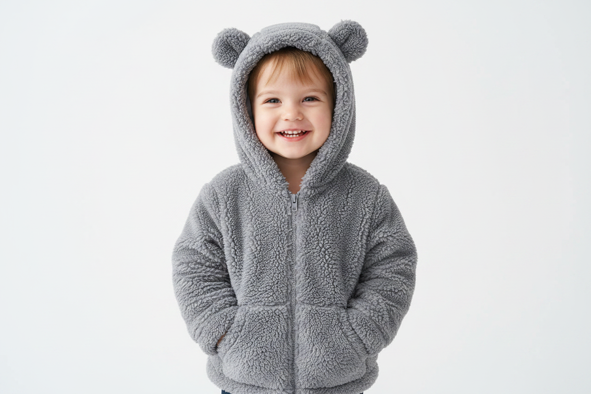Toddler in grey bear hoodie