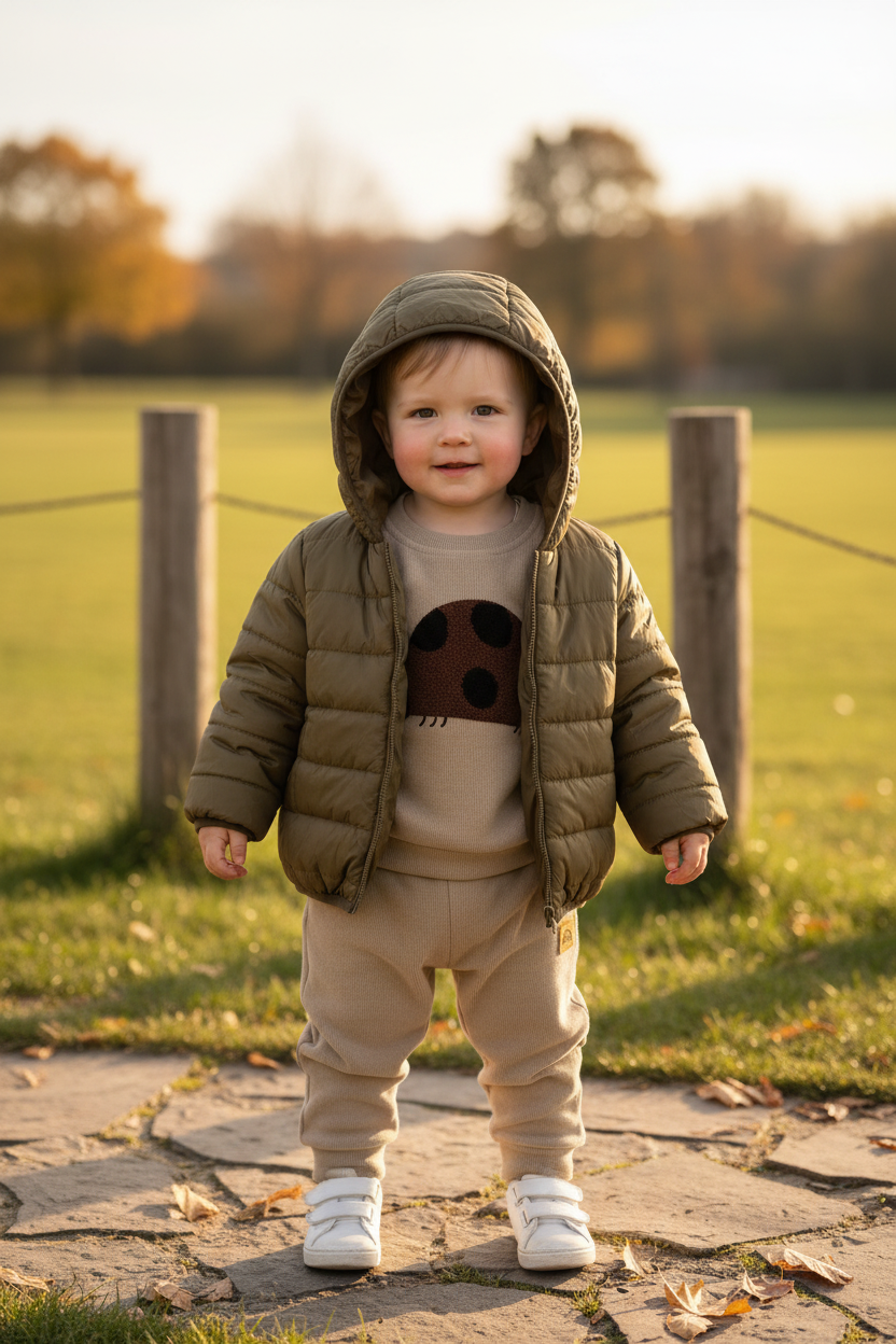 Toddler in olive green puffer jacket with ladybug outfit