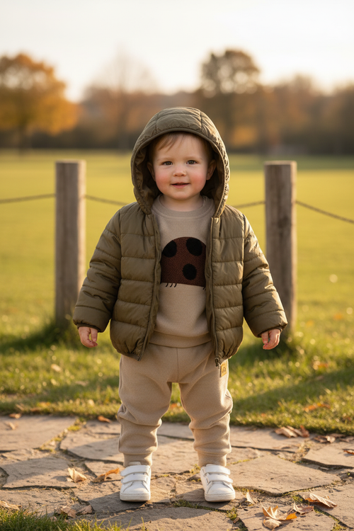 Toddler in olive green puffer jacket with ladybug outfit