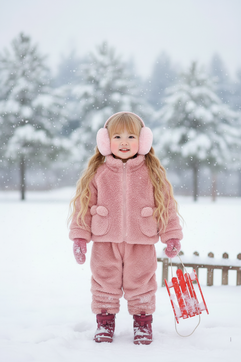 Toddler in Pink Teddy Set with Blonde Braids and Pink Ear Muffs