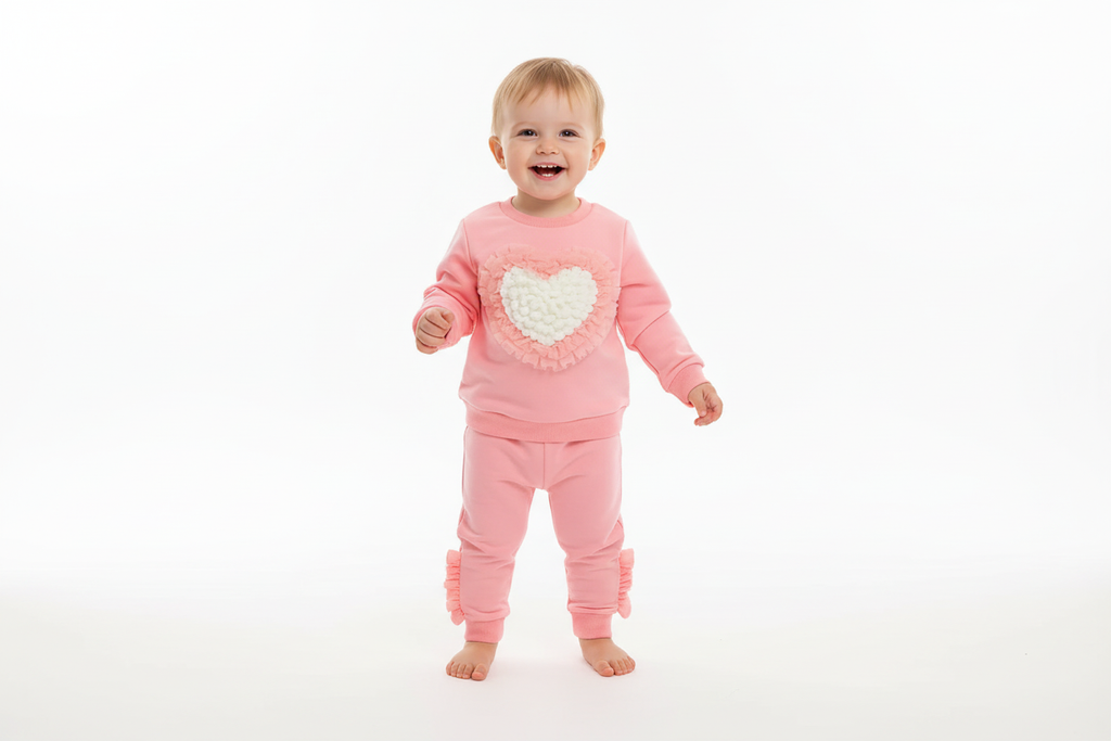 Toddler wearing pink heart sweatsuit