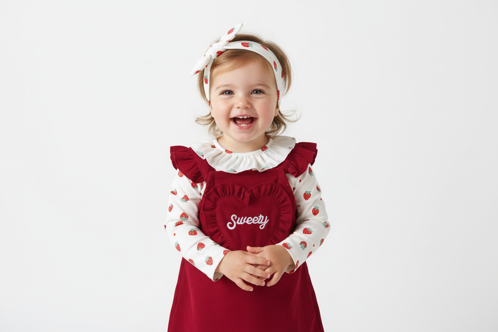 Toddler wearing Sweety burgundy jumper dress