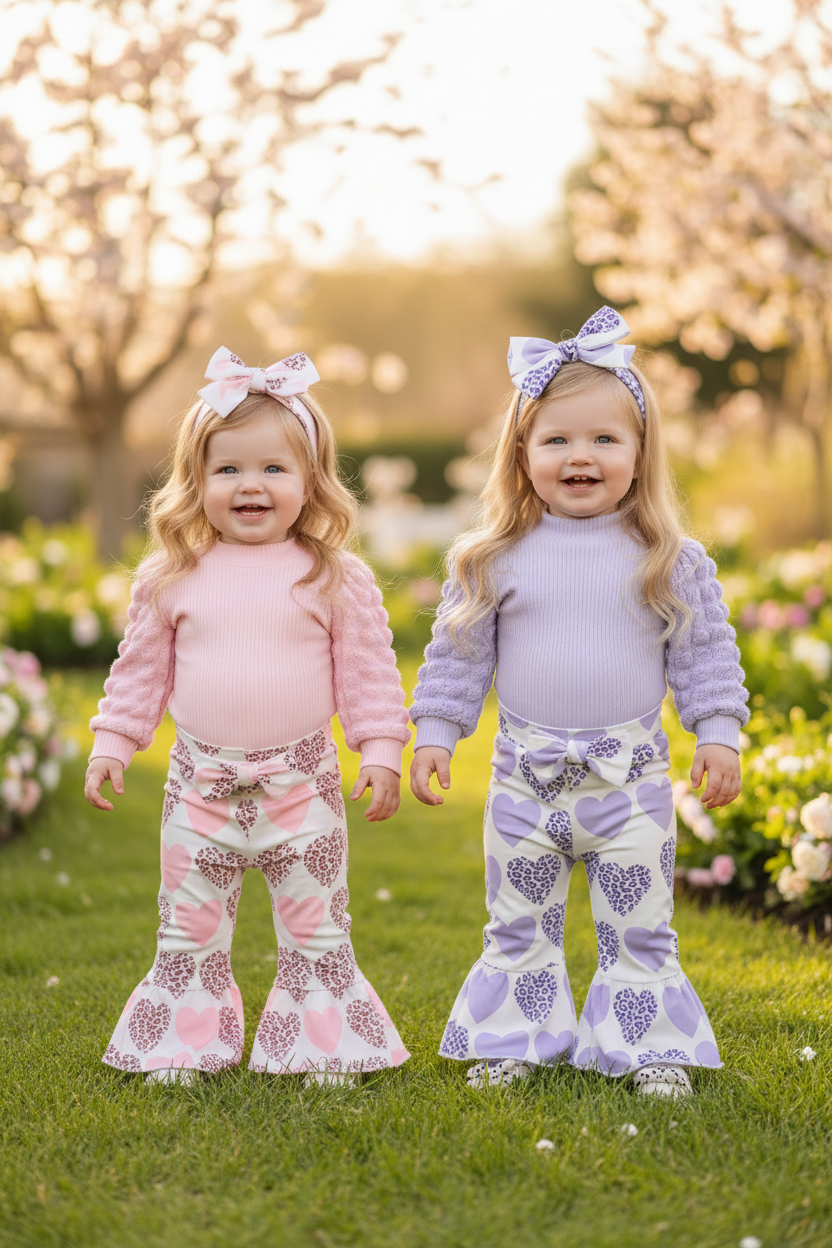 Twin girls standing in pink and lilac heart outfits
