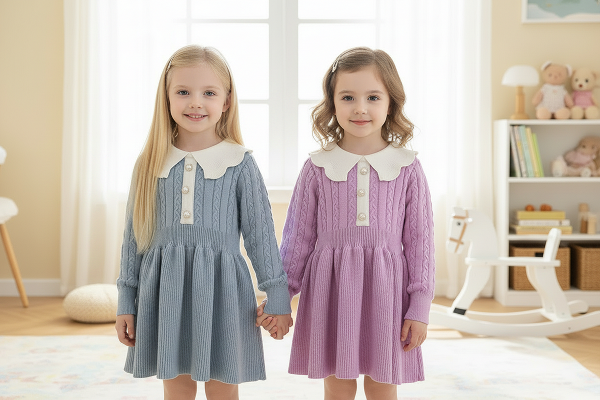 Twin girls with long straight blonde hair in cable knit dresses